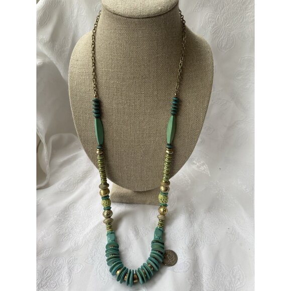 Chicos 20" Long Gold Tone Turquoise Blue Green Bead Statement Necklace NEW - Picture 3 of 11